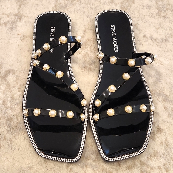 NIB Steve Madden Nonii Black Pearl Embellishments/ Rhinestones Jelly San… - Picture 1 of 5